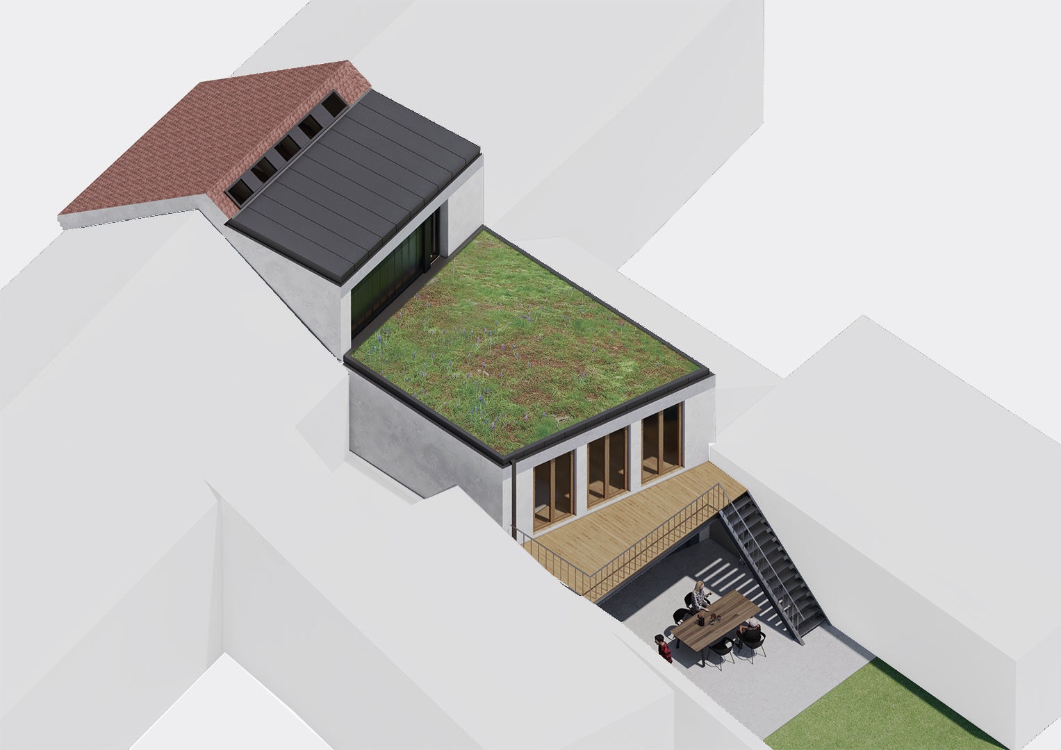 axonometrie rekonstrukce řadový dům architektura LBNK architekti Olšany návrh