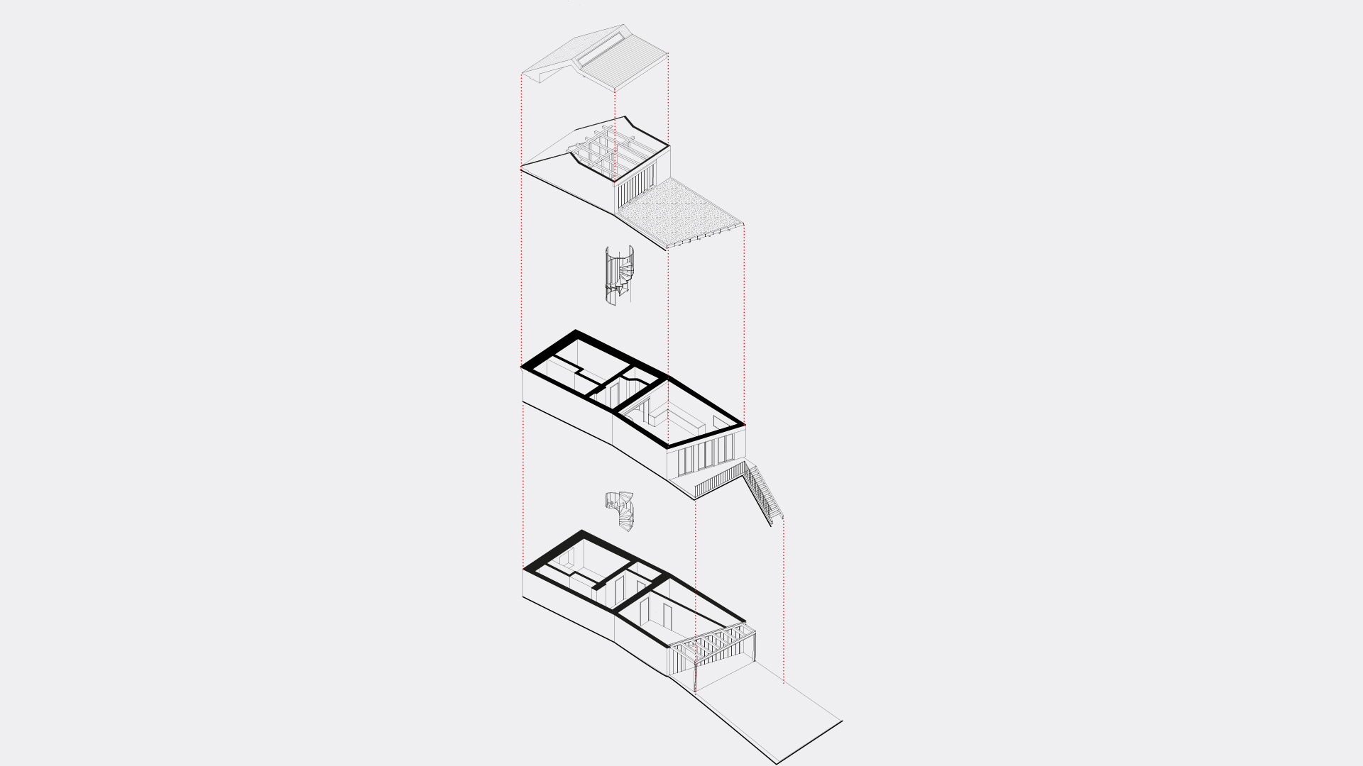 axonometrie rekonstrukce řadový dům architektura LBNK architekti Olšany návrh